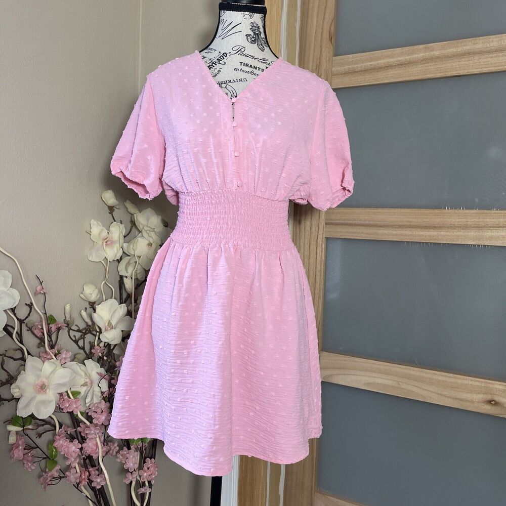 Pink Smocked Waist Dress Women's Small Puff Sleeve Coquette Romantic